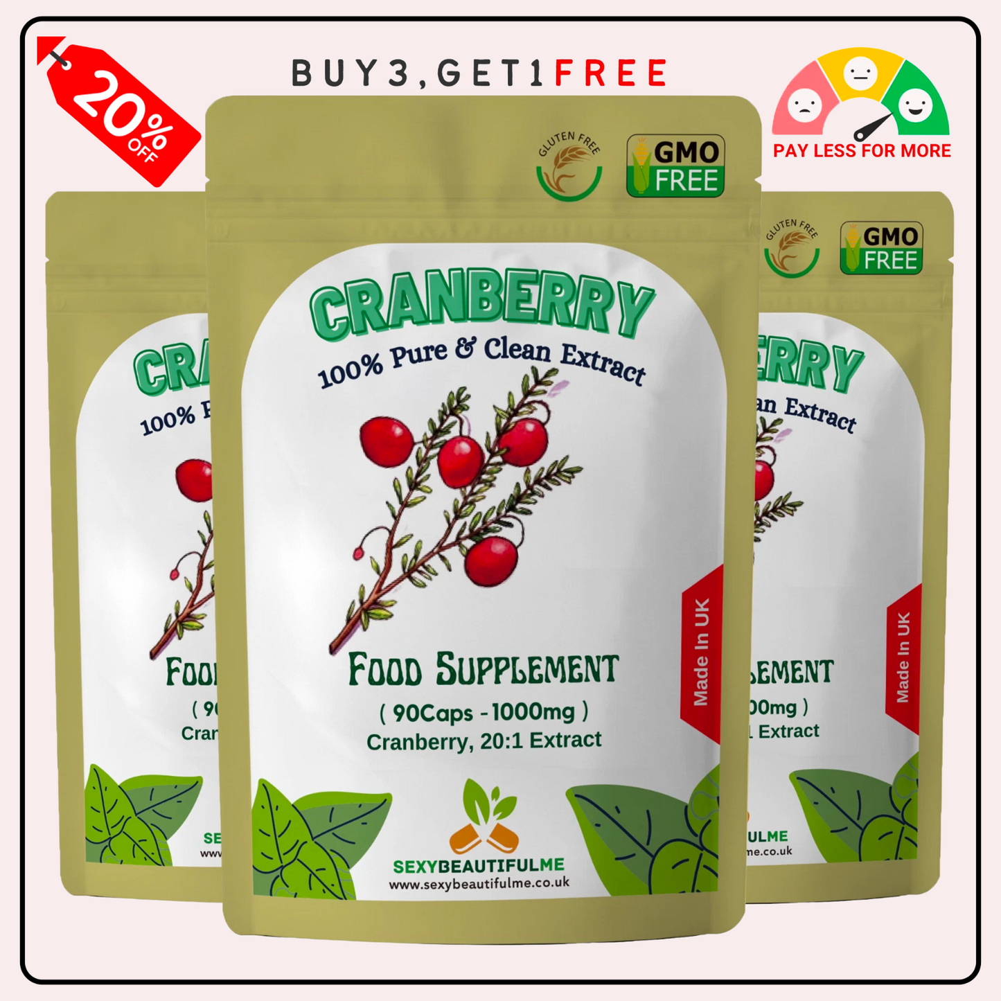 Cranberry Extract Capsules 20,000mg | Natural Vegan Supplement | Urinary Tract