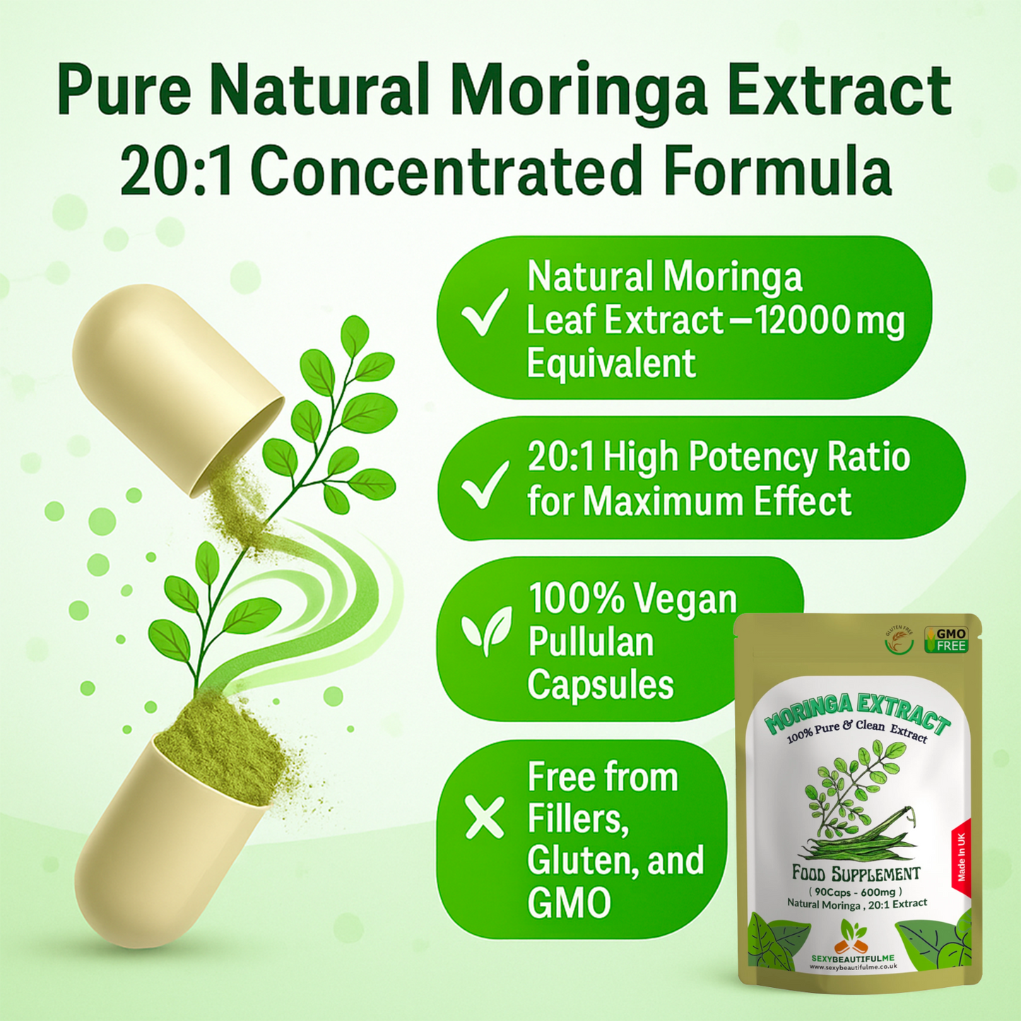 Natural Moringa Capsules 12000mg/Caps- 100% Natural & Strong, Vegan Capsule
