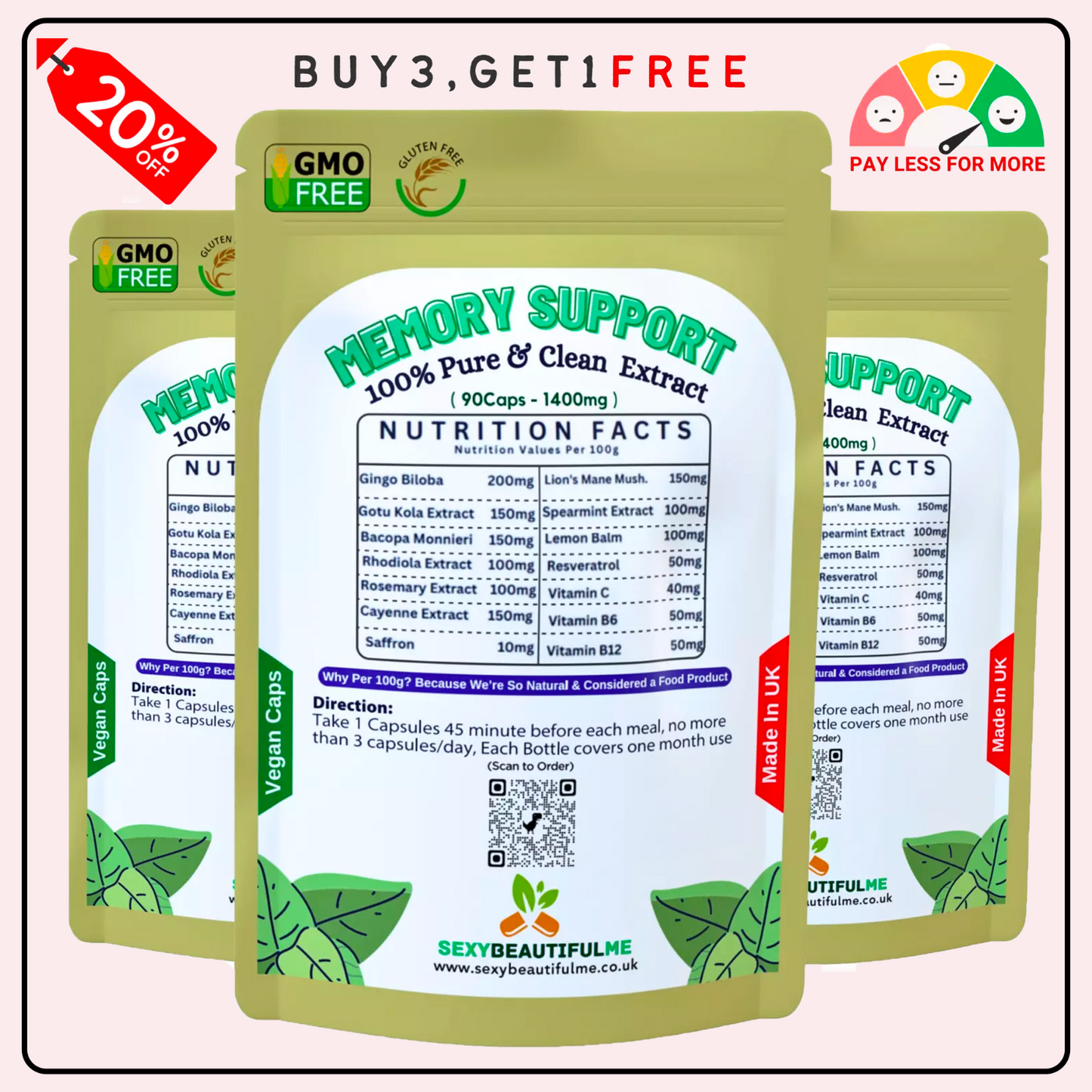 Memory Support Caps 1400mg– Memory, Concentration & Brain Function Support-Vegan