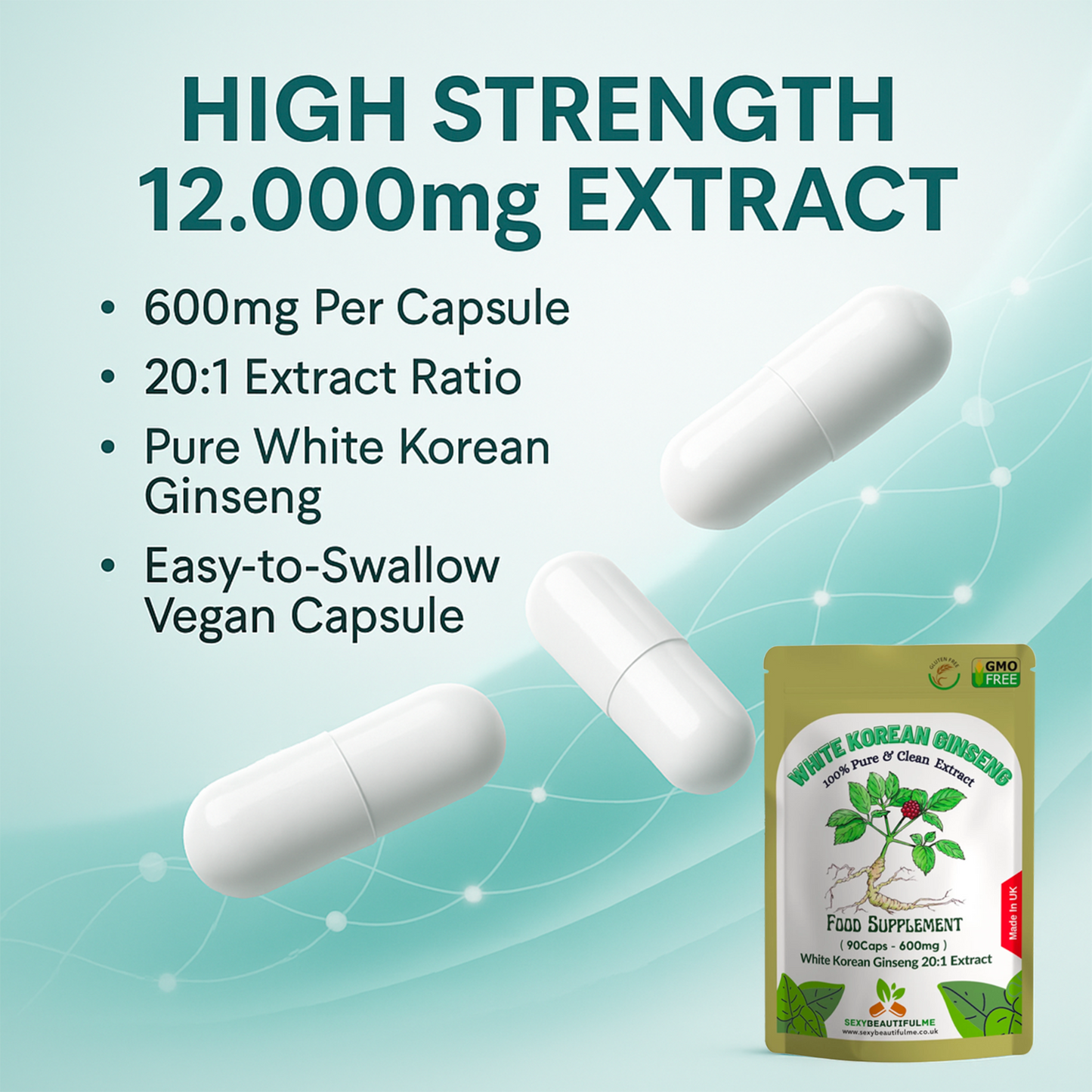 White Korean Ginseng Capsules – 12,000 mg | Vegan | Supporting Overall Health