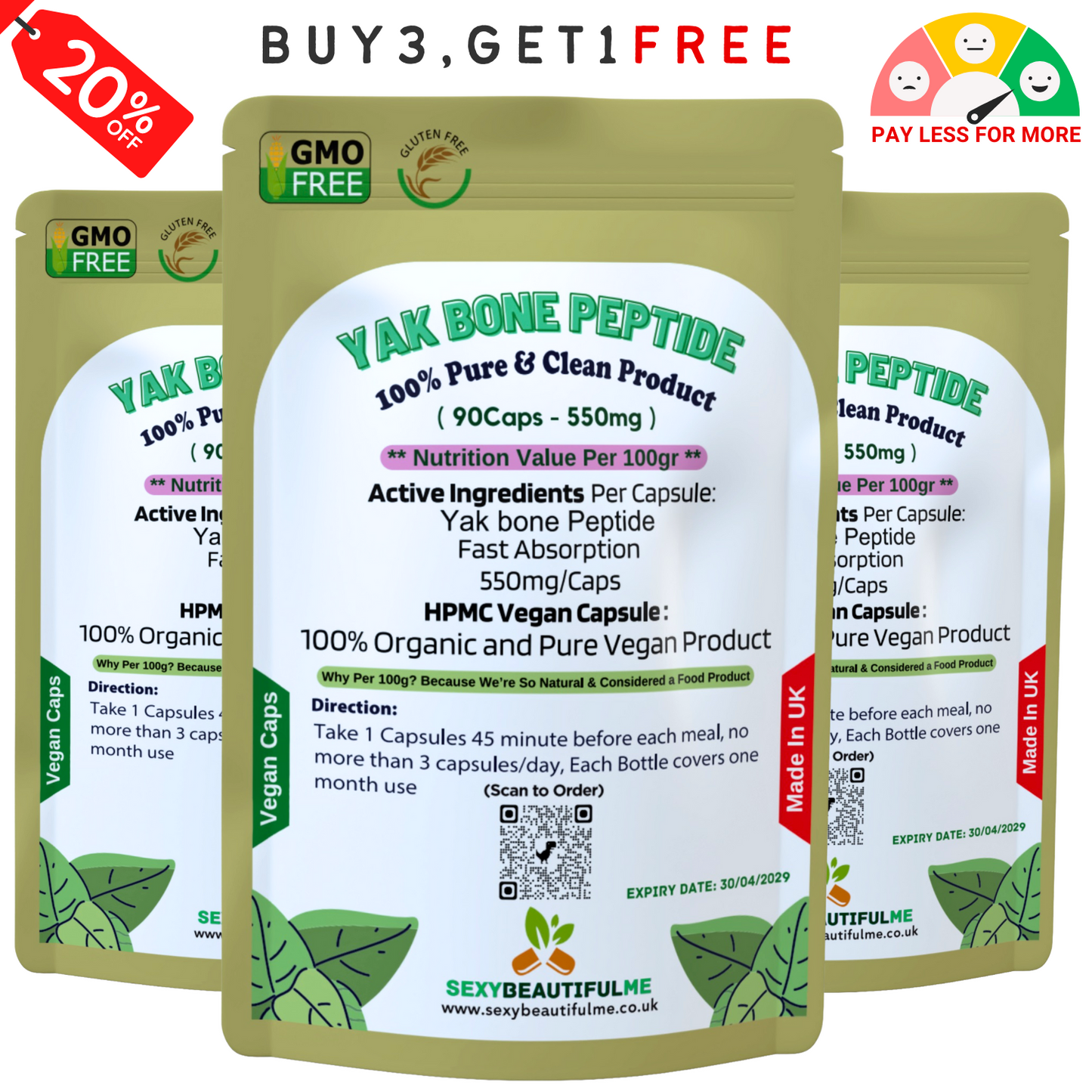 Yak Bone Collagen Capsules 550mg–Bone , Gut & Healthy Hair , Skin Support-Vegan