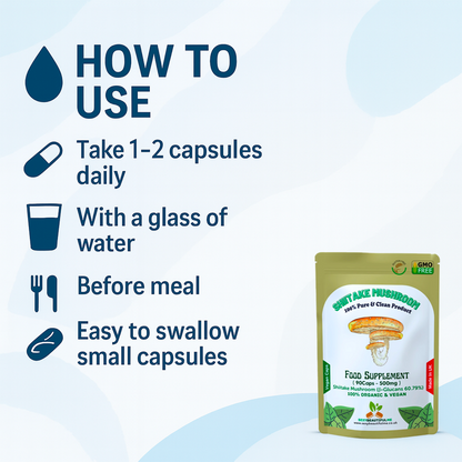 Shiitake Mushroom Extract Capsules 500mg (60.7%β-Glucan)–Strong &Effective–Vegan