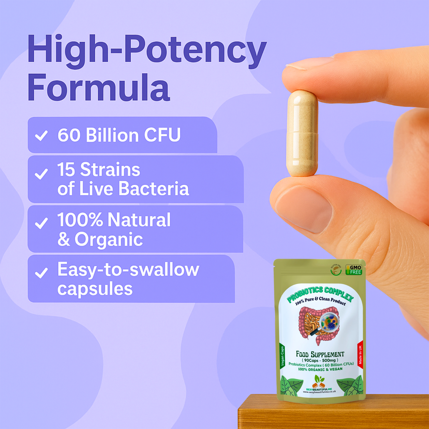 Probiotics Complex 60 Billion CFU–15 Live Bacteria Strains–Gut &Digestive Health