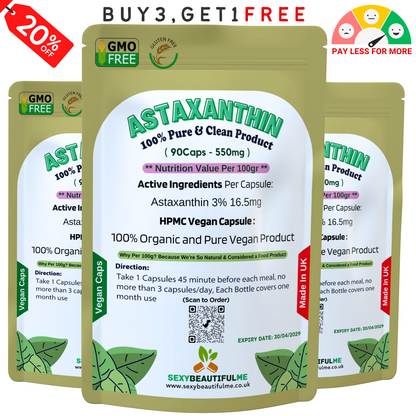 Astaxanthin 550mg , 3%, 16.5mg Clean Astaxanthin Veg Capsules 100% Natural Algae