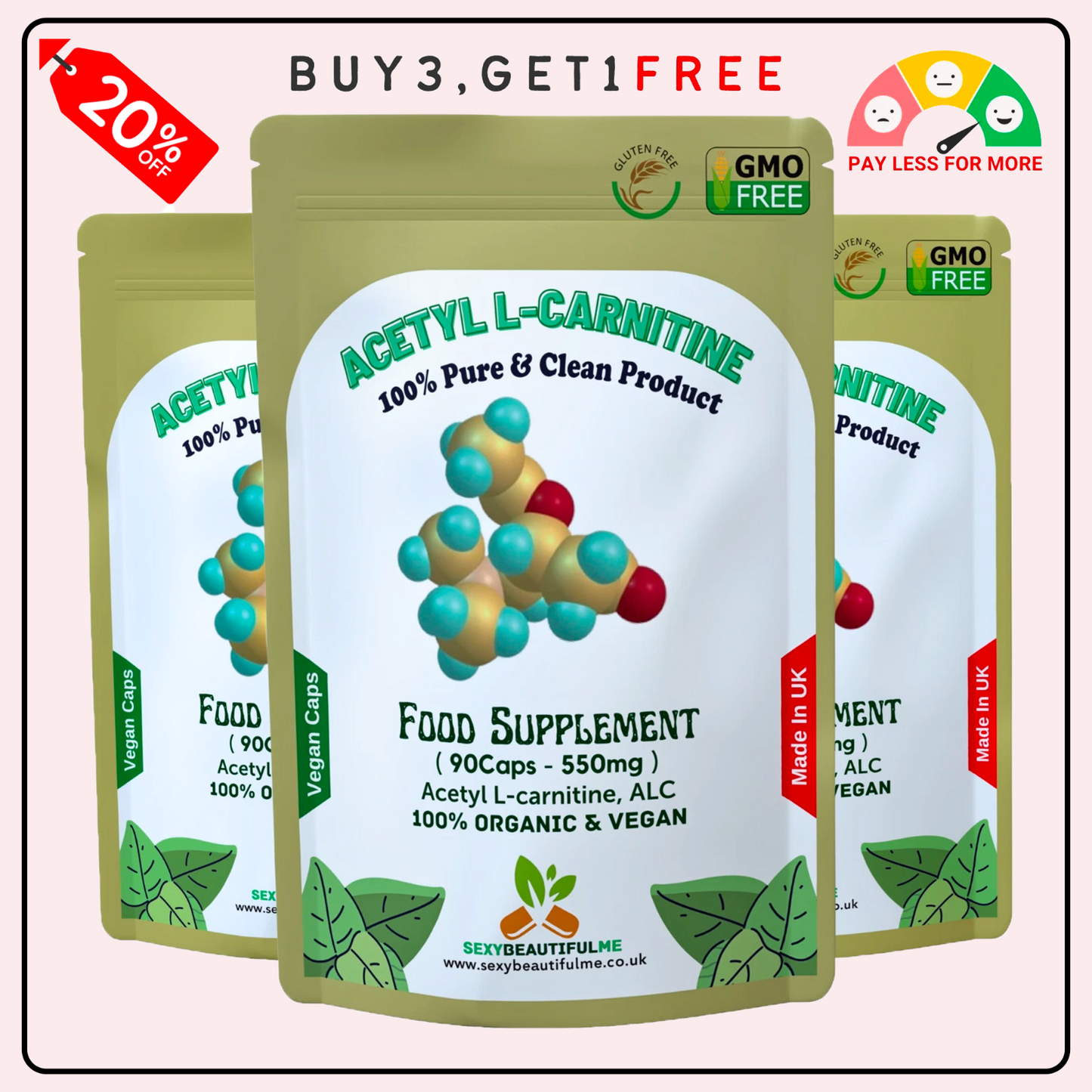 Acetyl L-Carnitine 550mg Capsules | 100% Pure ALC | Energy, Focus&Weight Support
