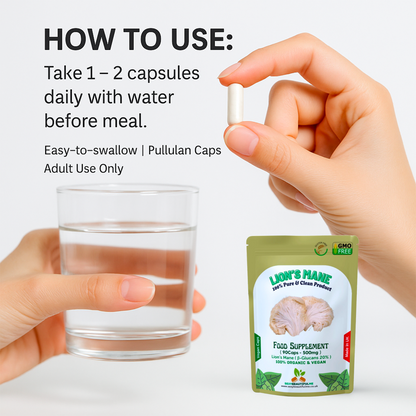 Organic Lion’s Mane Mushroom Capsules 500mg (40% Polysaccharides + 20% β-Glucan)