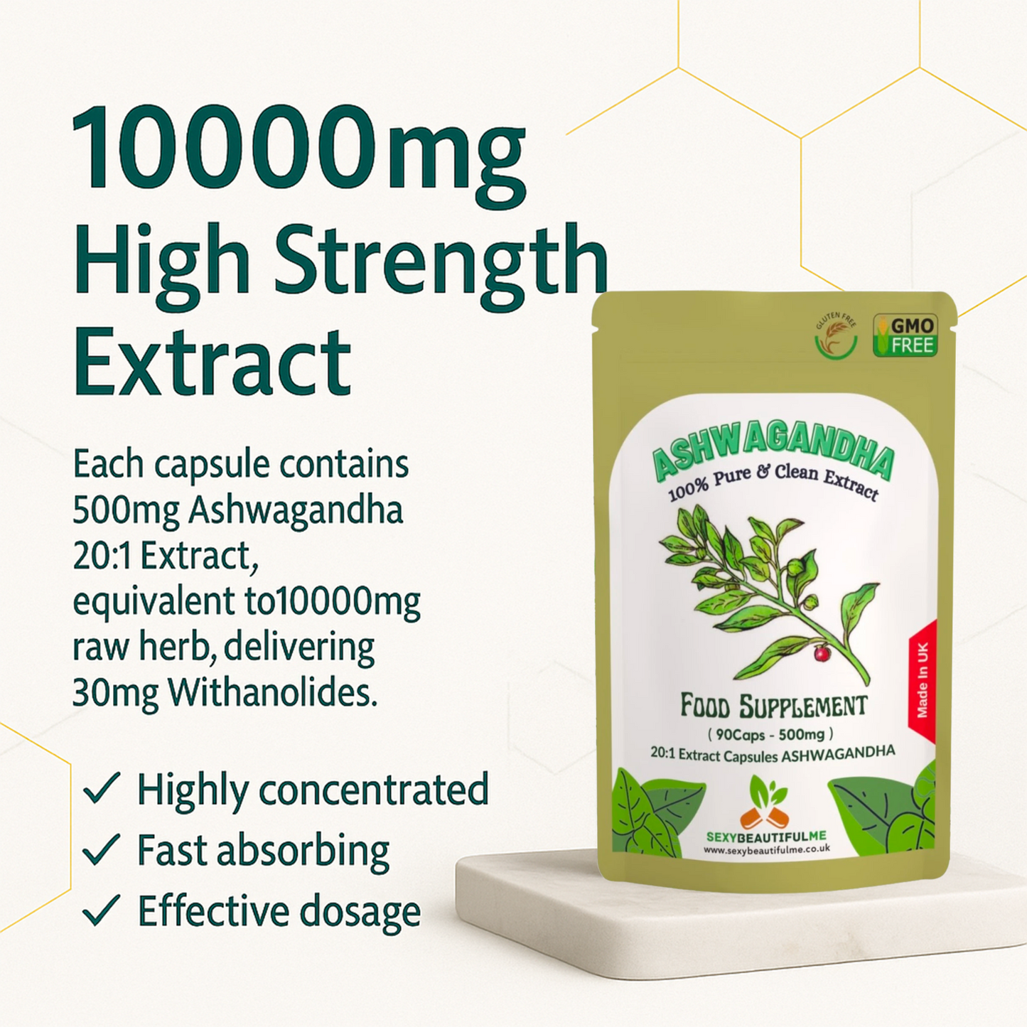 Ashwagandha Extract Capsules 10000mg (30mg withanolides) Natural Vegan Capsules