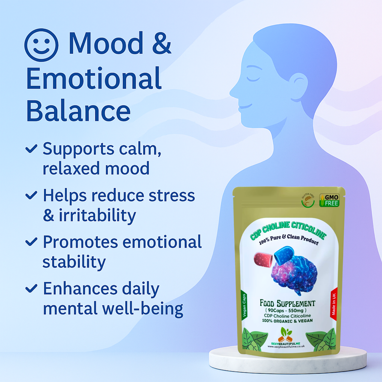 CDP Choline Citicoline 550mg Capsules | Natural Vegan Supplement | High Quality