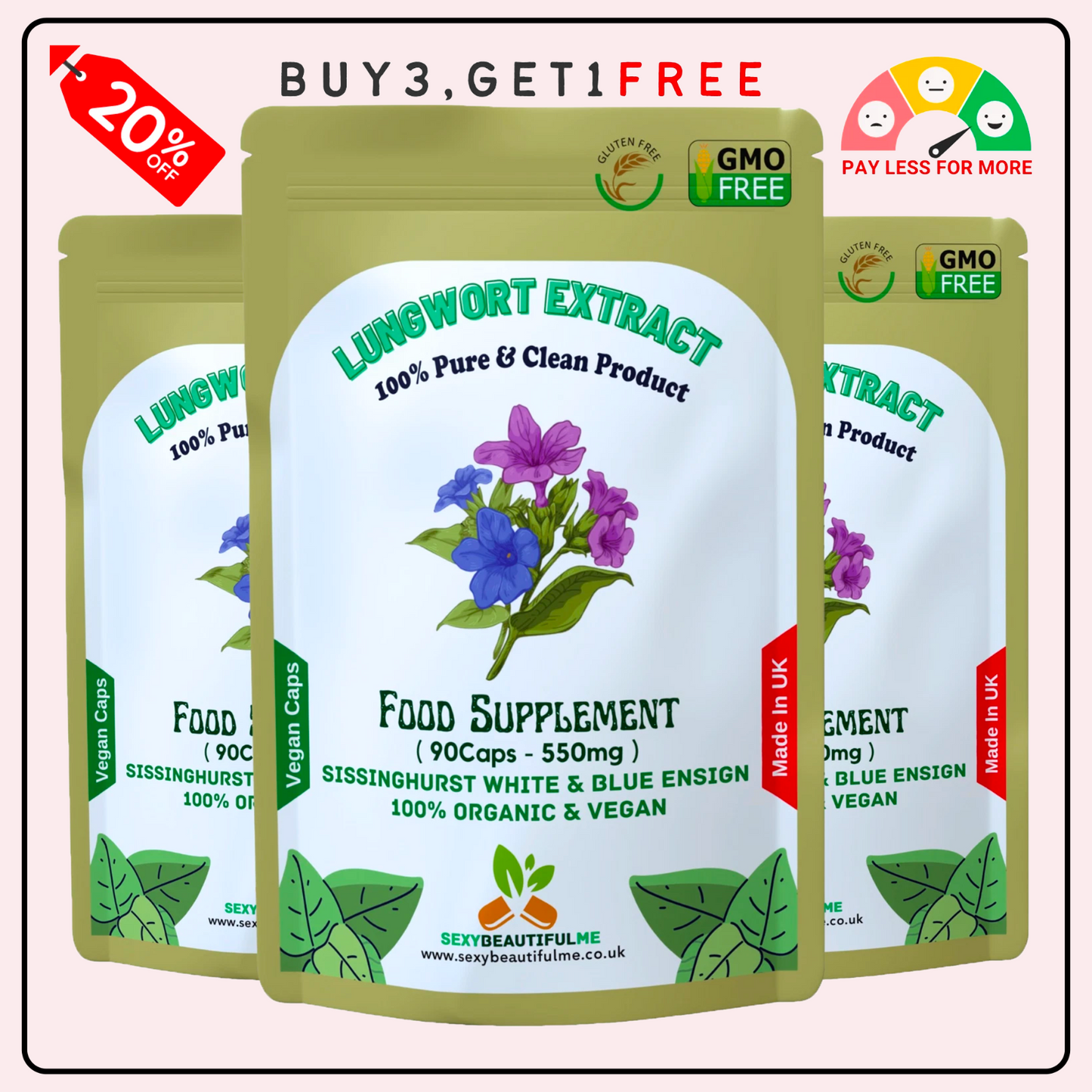 Lungwort Extract Capsules 550mg–Natural Lungwort Powder–Vegan & Strong Product