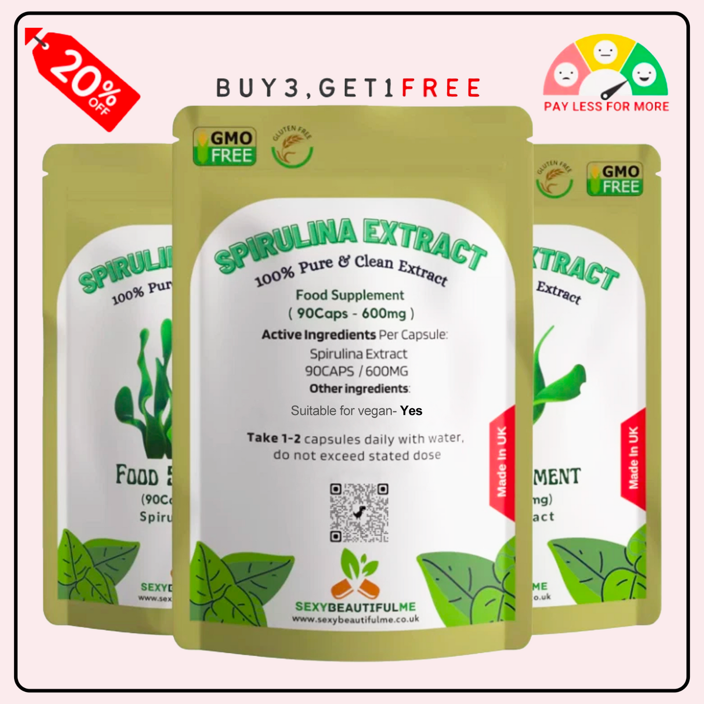 Spirulina Extract Capsules 600mg–Immune System & Detox Support–100%Natural Vegan