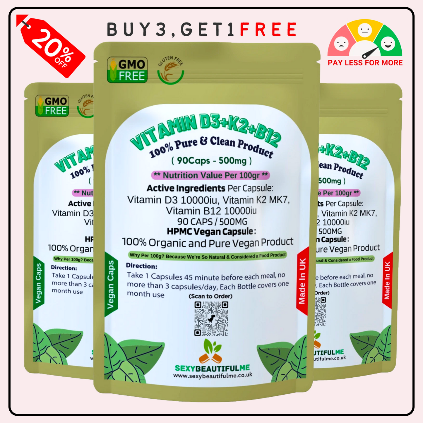 Vitamin D3 High Strength 10000IU – K2 MK7 + B12 10000IU – Natural Vegan Vitamins