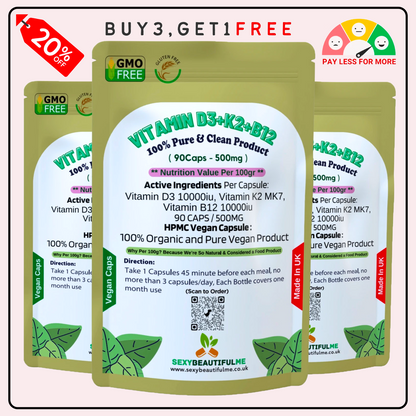 Vitamin D3 High Strength 10000IU – K2 MK7 + B12 10000IU – Natural Vegan Vitamins