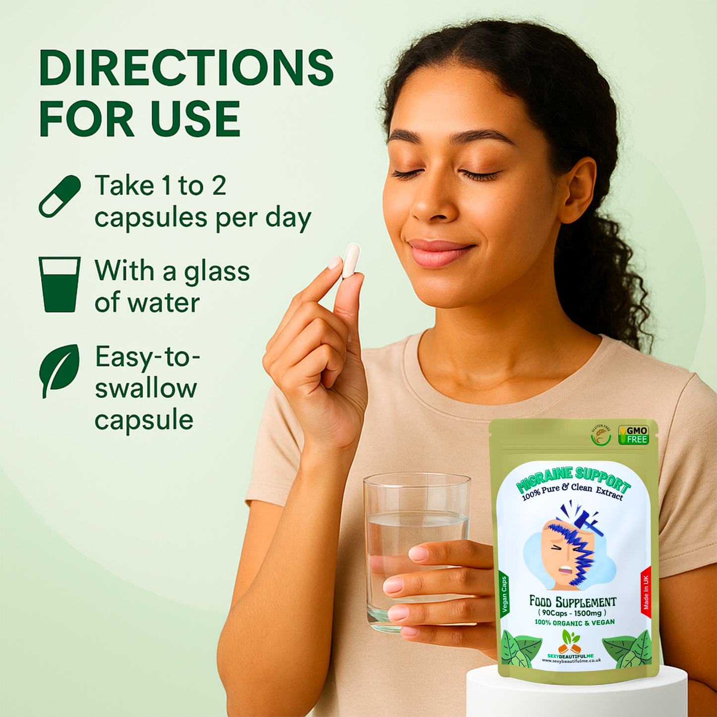 Natural Migraine Relief 1500mg Capsules–Organic, natural & 100% Vegan – migraine