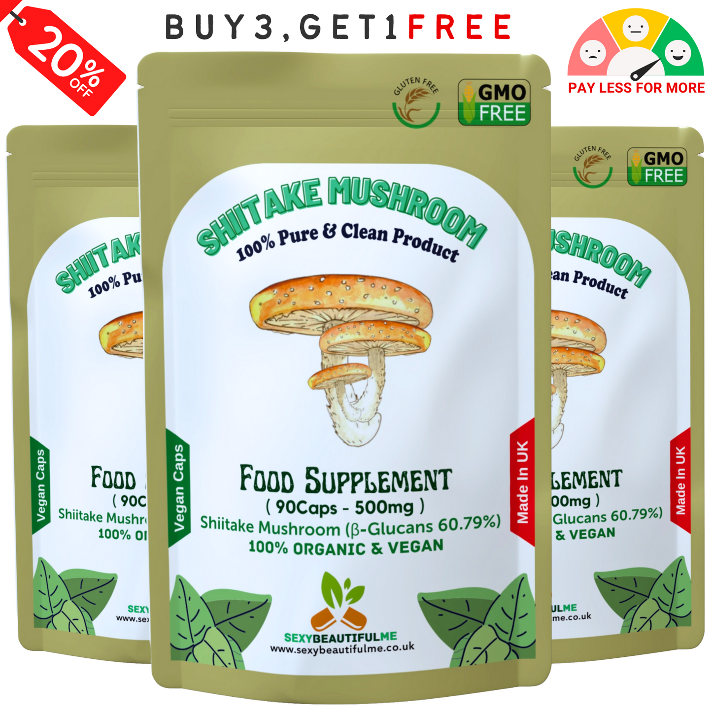 Shiitake Mushroom Extract Capsules 500mg (60.7%β-Glucan)–Strong &Effective–Vegan