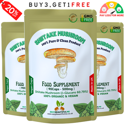 Shiitake Mushroom Extract Capsules 500mg (60.7%β-Glucan)–Strong &Effective–Vegan