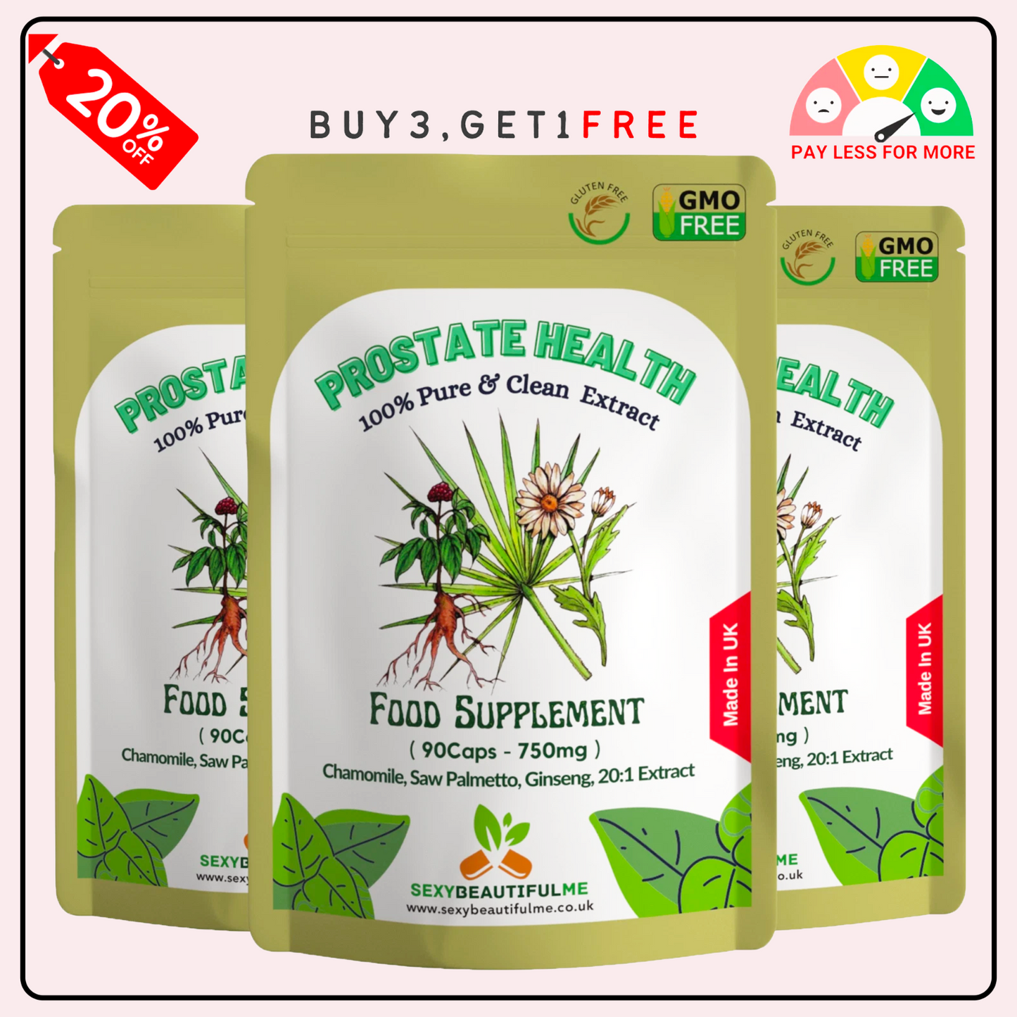 Prostate Health Complex Capsules 15000mg–Saw Palmetto, Ginseng & Chamomile–Vegan