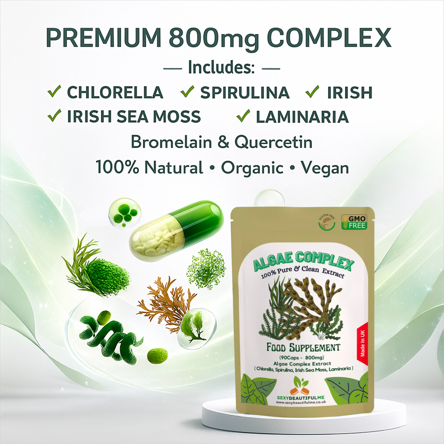 Algae Complex Capsules 800mg-(Quercetin &Bromelain)-Bodybuilding & Brain Support