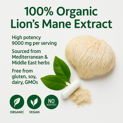 Organic Lion’s Mane Mushroom Capsules 500mg (40% Polysaccharides + 20% β-Glucan)