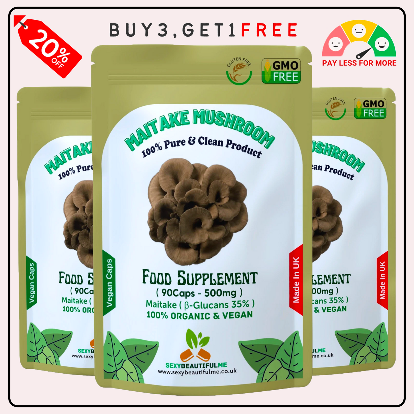 MAITAKE MUSHROOM 500mg Capsules (30% β-Glucan) Vegan & Effective, Strong Product