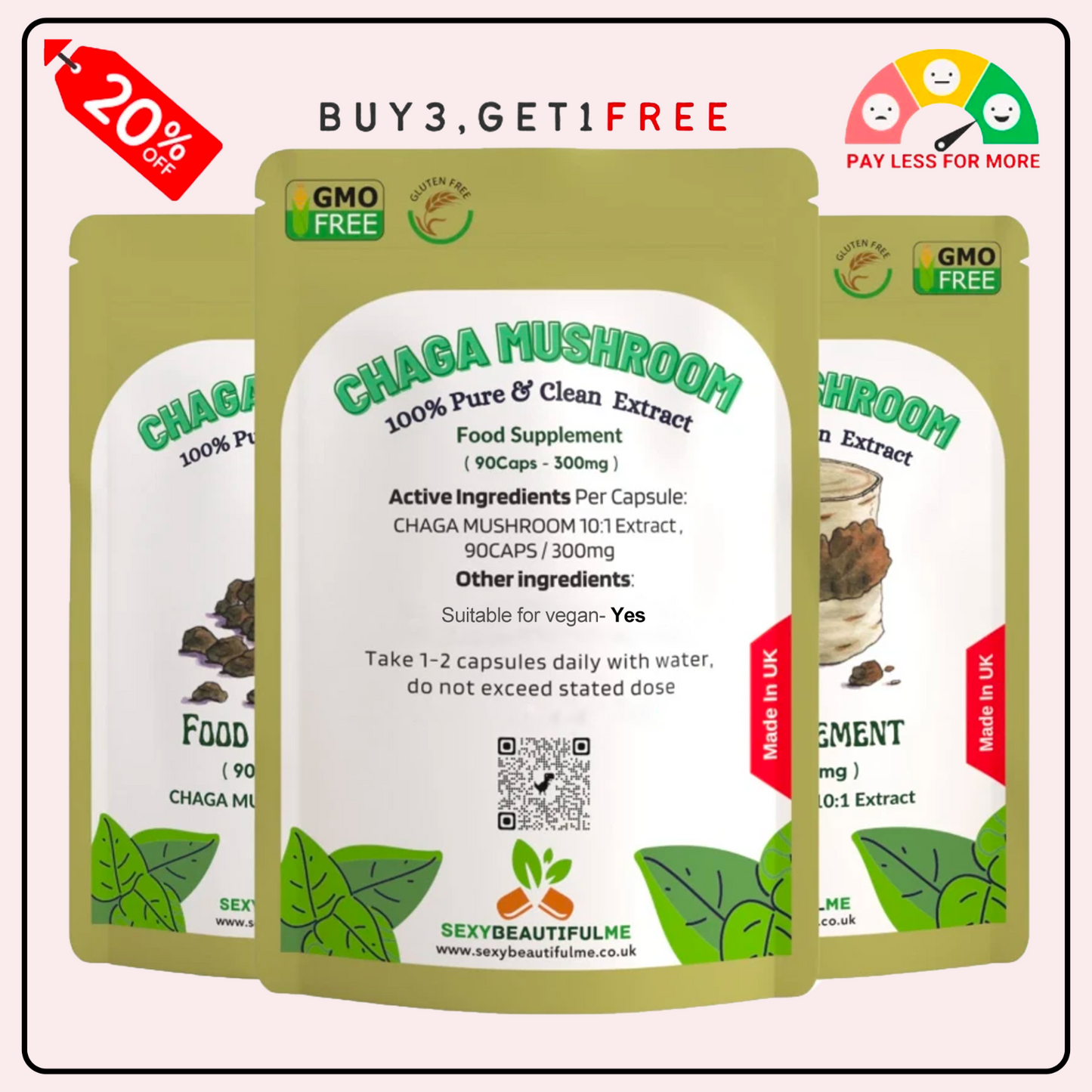 Chaga Mushroom Extract Capsules 3000 mg – 200 mg Polysaccharides – Strong Vegan