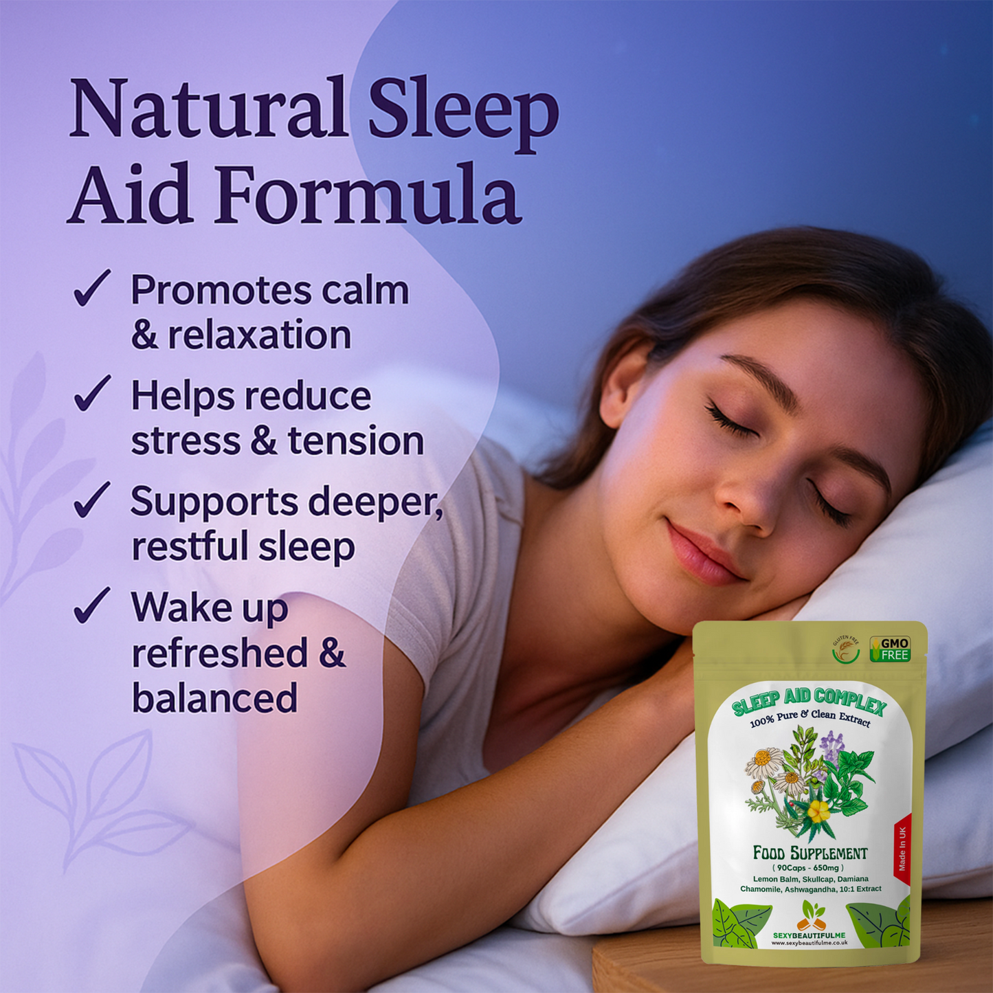 Sleep Aid Complex Capsules 6500mg–Lemon Balm,Skullcap,Damiana,Chamomile&Ashwagan