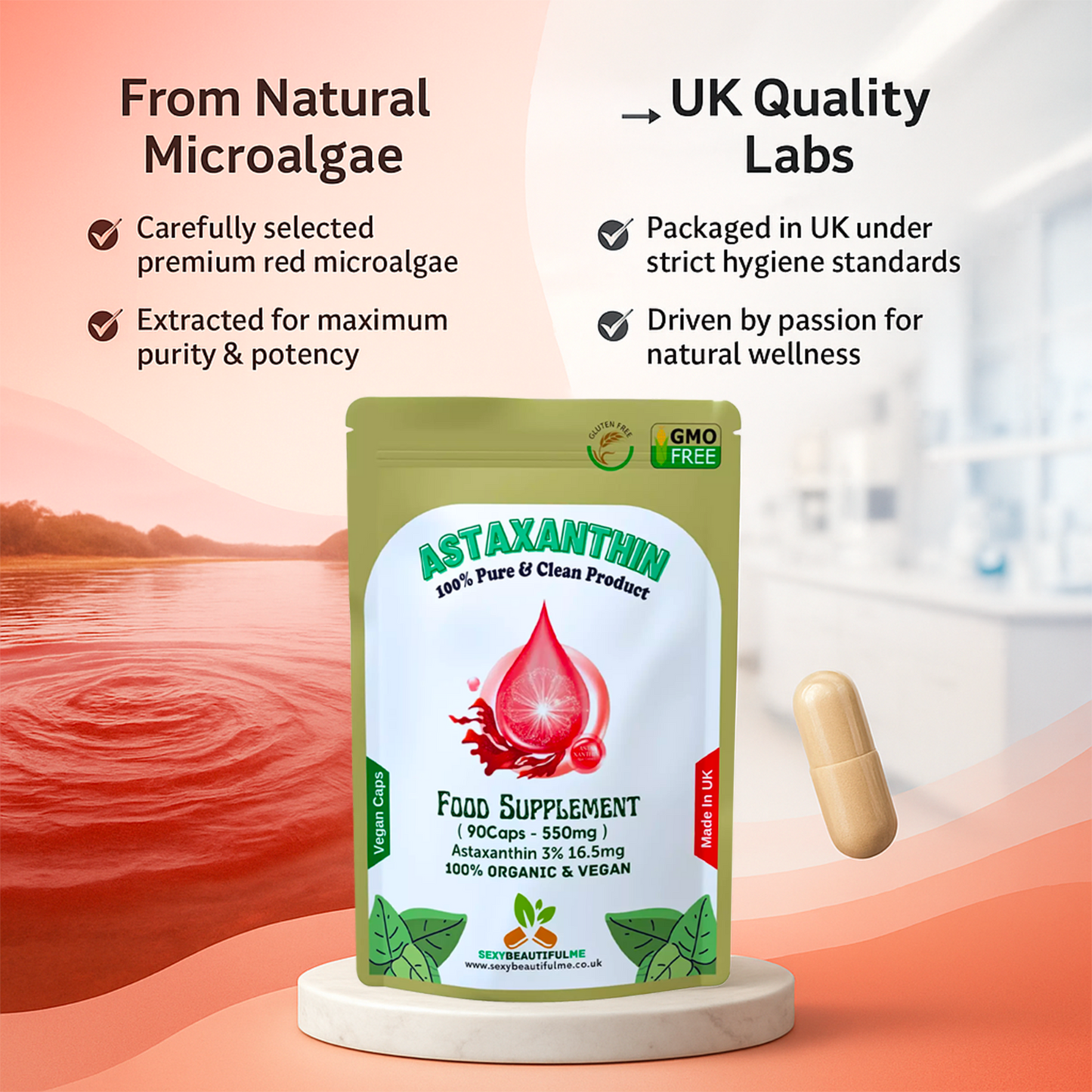Astaxanthin 550mg , 3%, 16.5mg Clean Astaxanthin Veg Capsules 100% Natural Algae