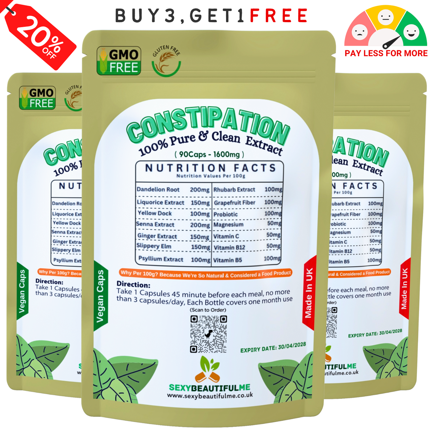 Constipation Support Caps 1600mg- Constipation Relief, Stimulate Bowel-Vegan