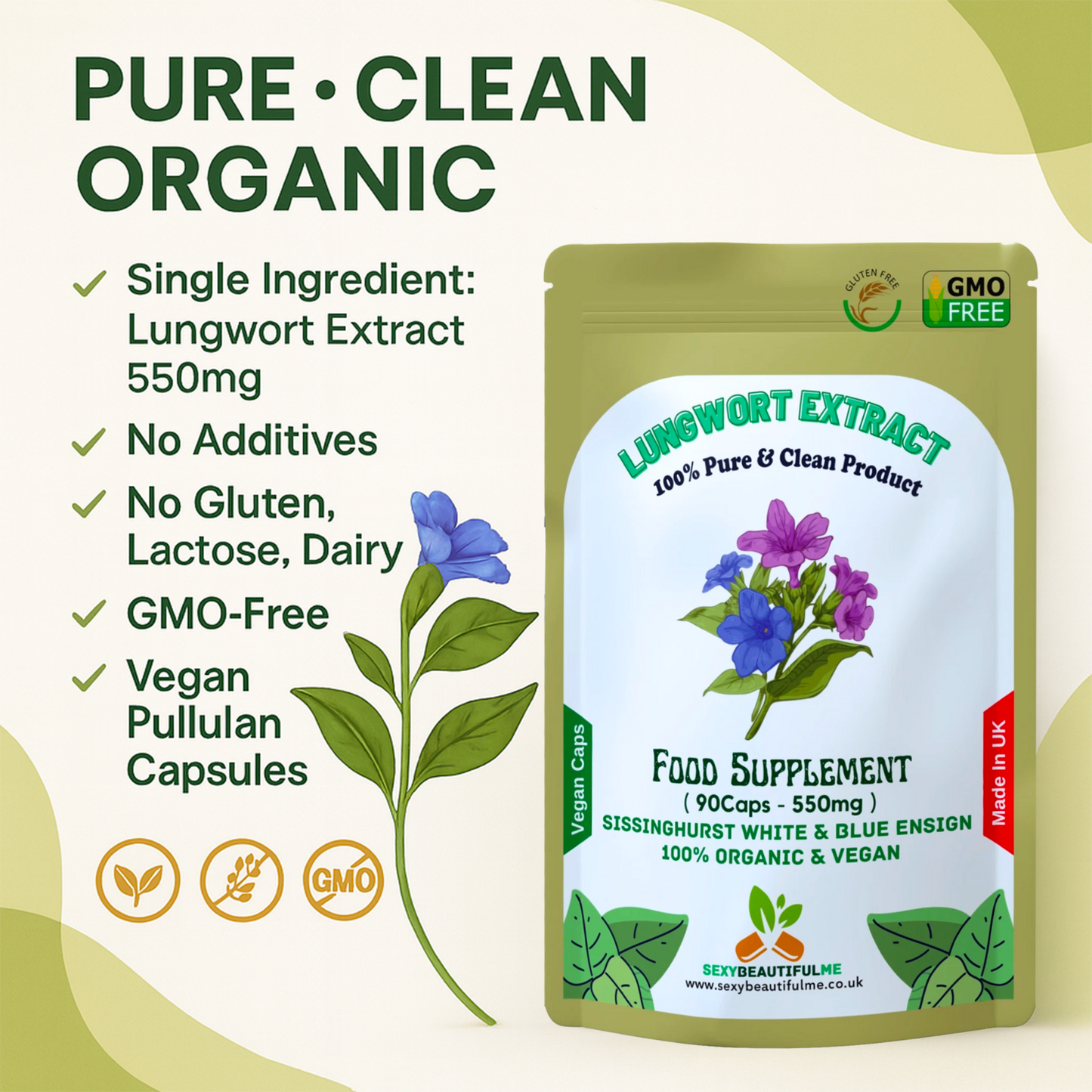Lungwort Extract Capsules 550mg–Natural Lungwort Powder–Vegan & Strong Product