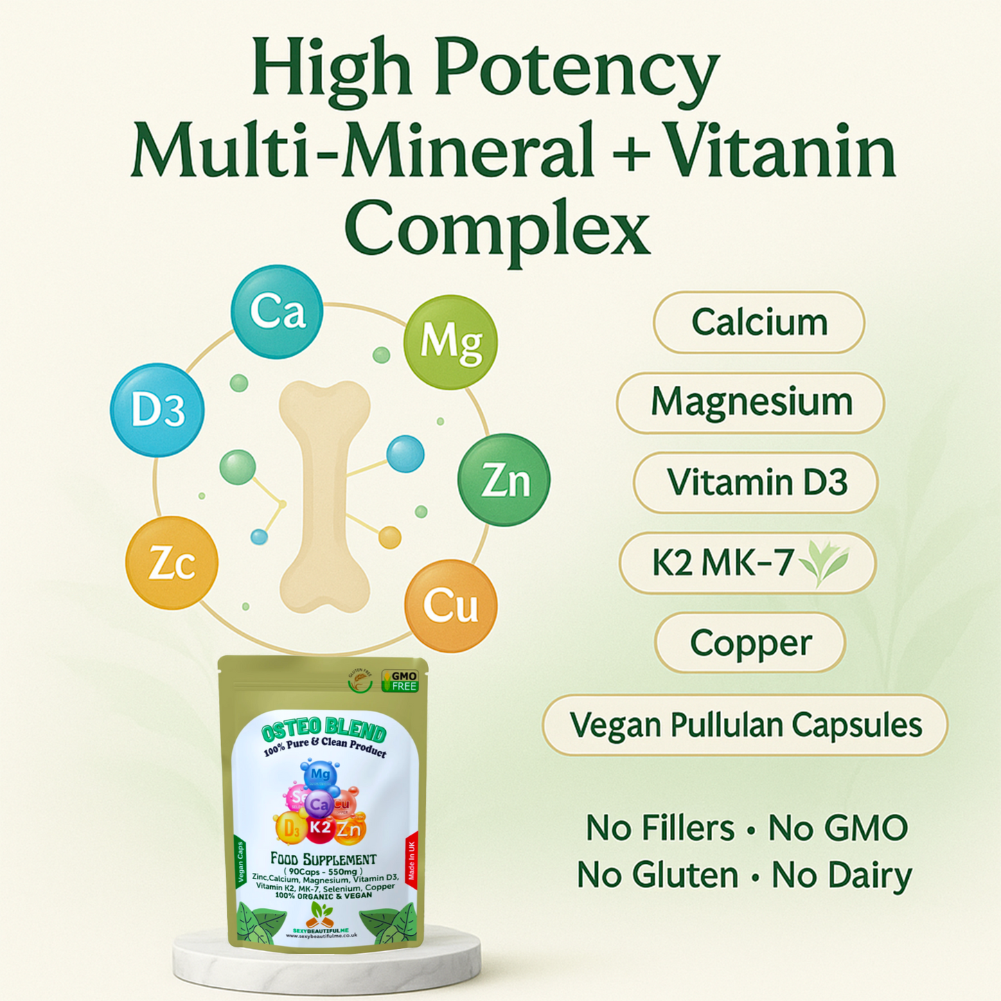 Osteo Blend Zinc+Calcium+Magnesium+Vitamin D3+vitamin K2+MK-7+Selenium+Copper