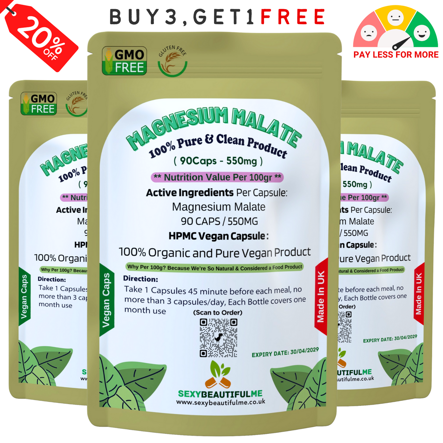 Magnesium Malate Capsules 550mg–High Absorption Vegan Magnesium-Energy & Muscle