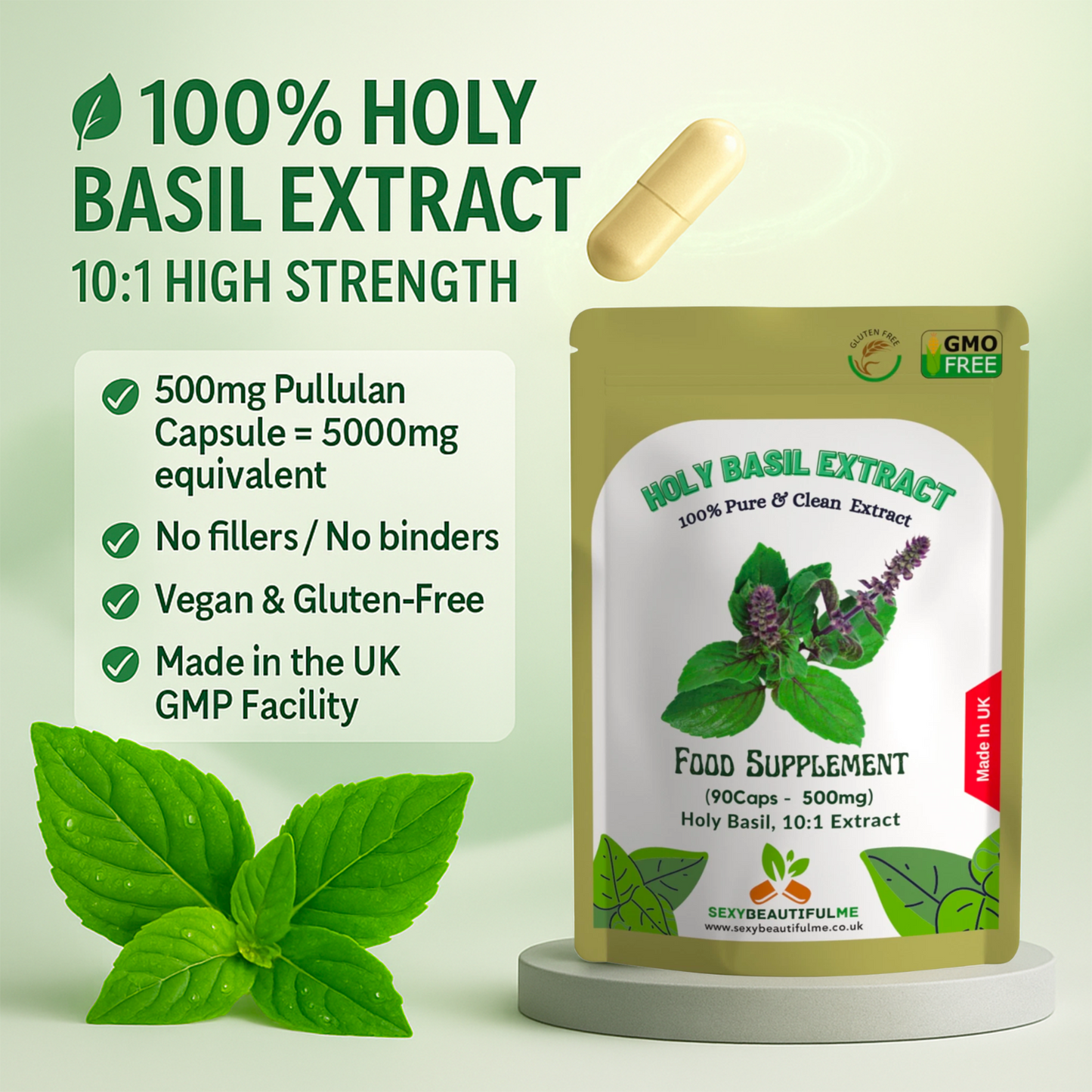 Holy Basil Capsules ( Tulsi ) 5000mg Veg Capsules 10% Ursolic Acid, Brain Health