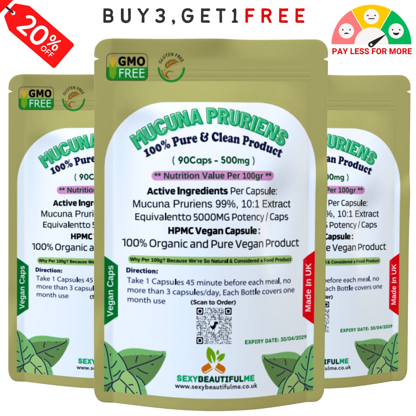 Mucuna Pruriens Capsules 500mg-( 99% L-Dopa )-Natural, Strong, Vegan Supplements