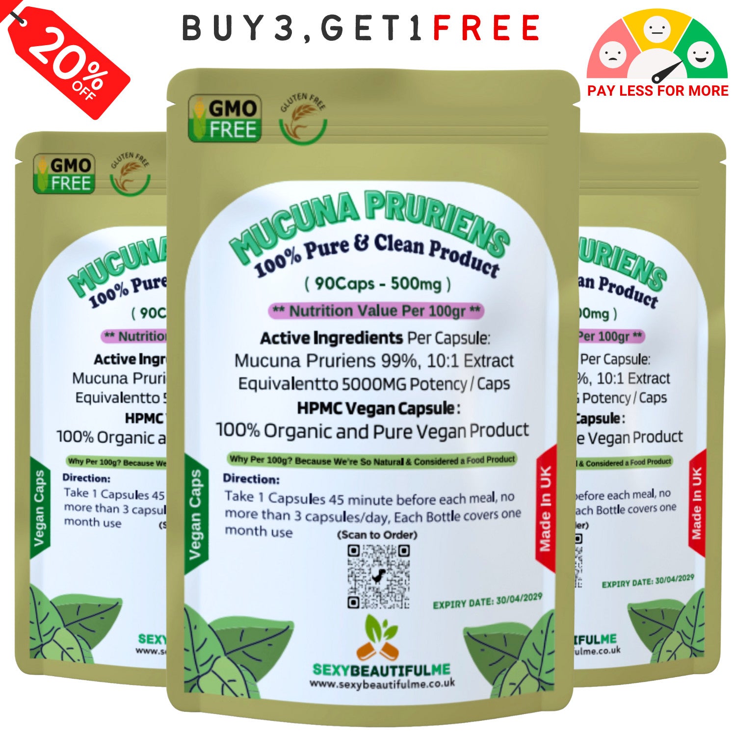 Mucuna Pruriens Capsules 500mg-( 99% L-Dopa )-Natural, Strong, Vegan Supplements