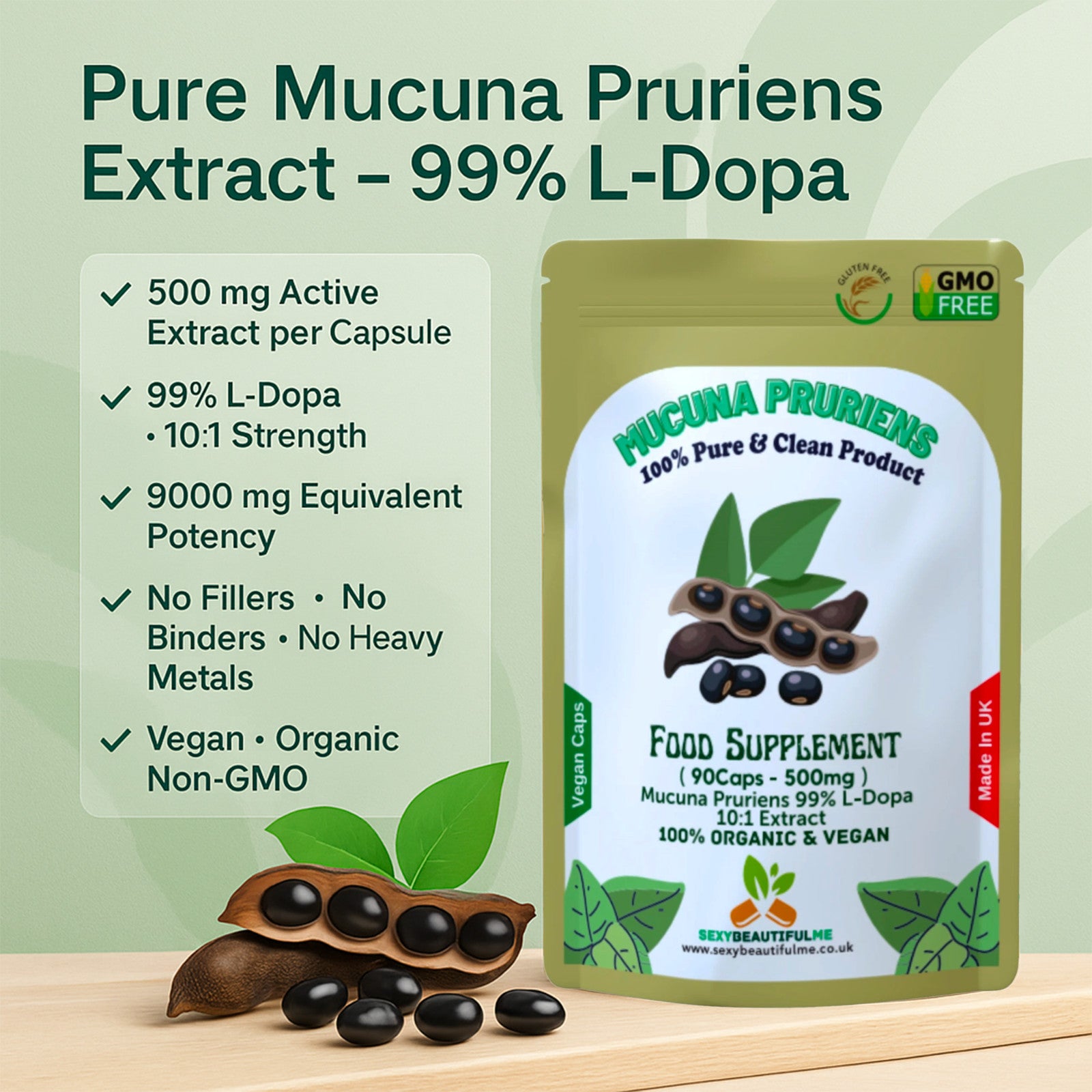 Mucuna Pruriens Capsules 500mg-( 99% L-Dopa )-Natural, Strong, Vegan Supplements