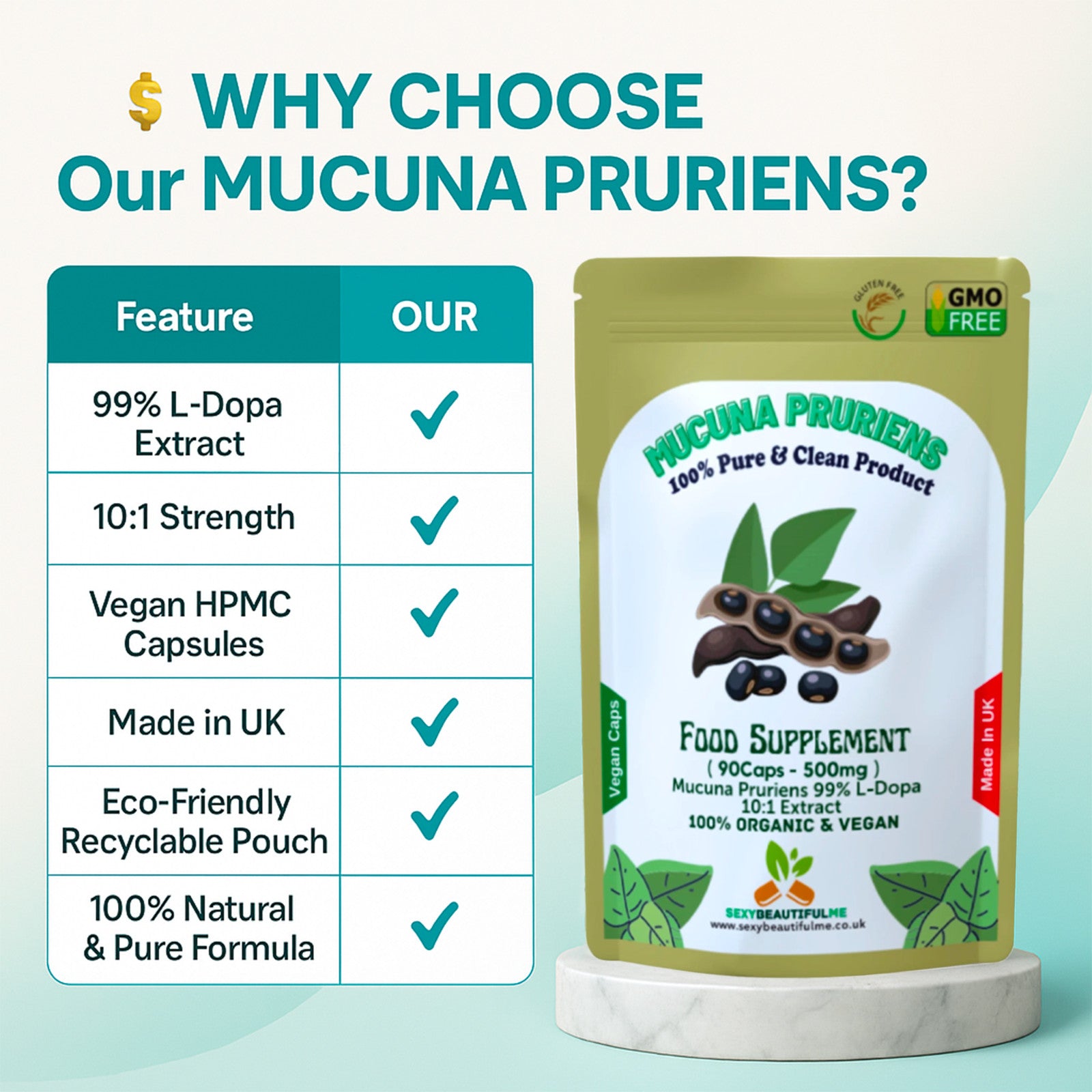 Mucuna Pruriens Capsules 500mg-( 99% L-Dopa )-Natural, Strong, Vegan Supplements