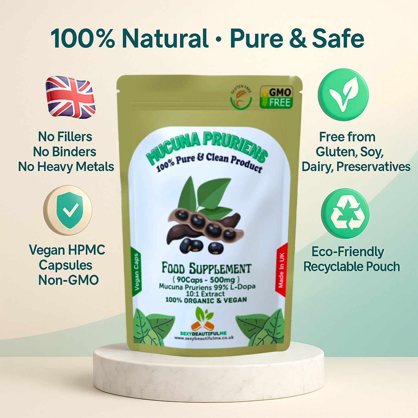 Mucuna Pruriens Capsules 500mg-( 99% L-Dopa )-Natural, Strong, Vegan Supplements